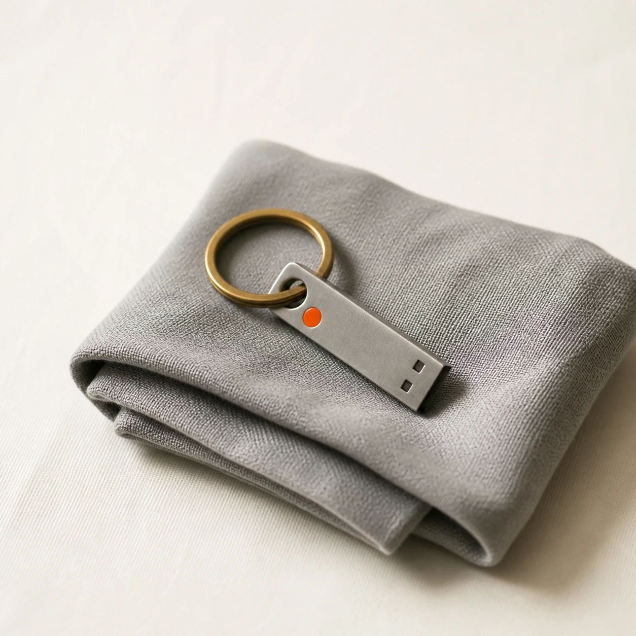 A single metal access key on a ring, resting on folded cloth in side light.